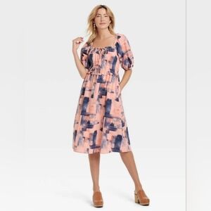 Universal Thread Dress Blush Pink & Blue Short Puff Sleeve Midi Length S…